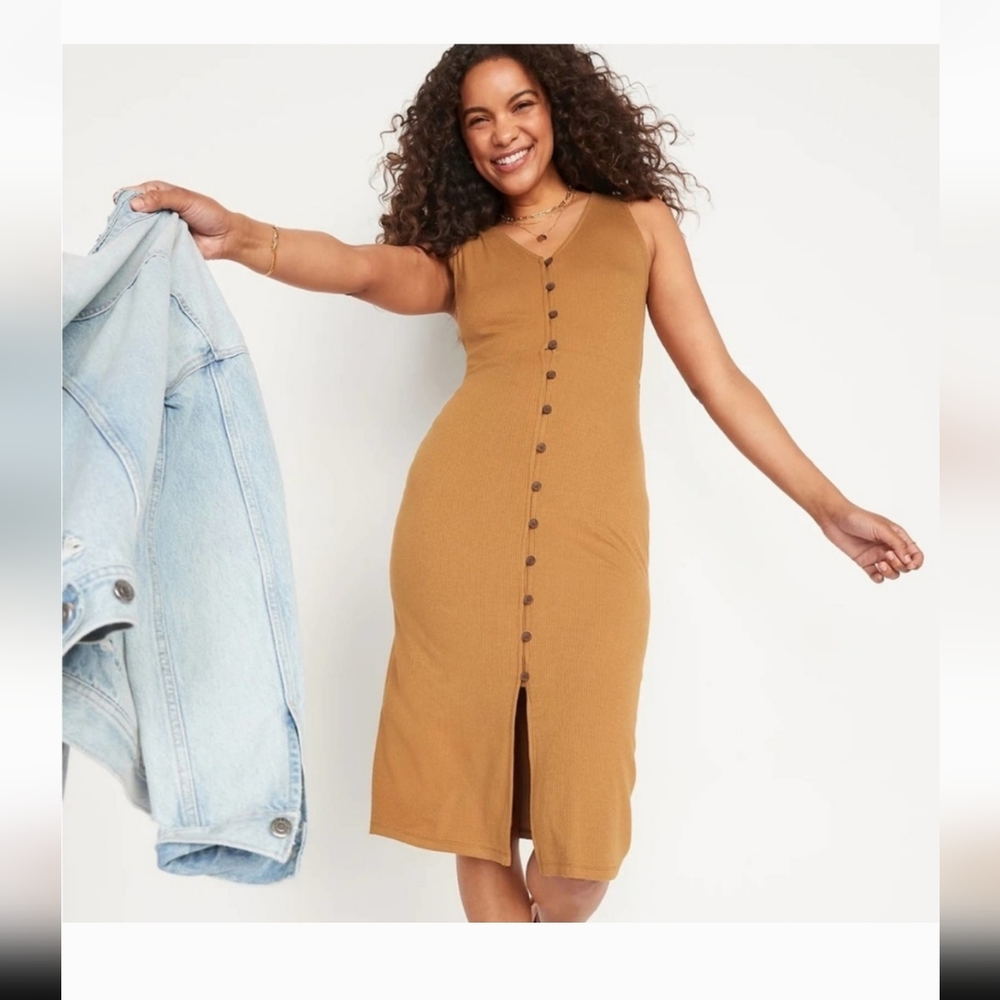 Old Navy Sleeveless Button-Front Midi Dress in Camel